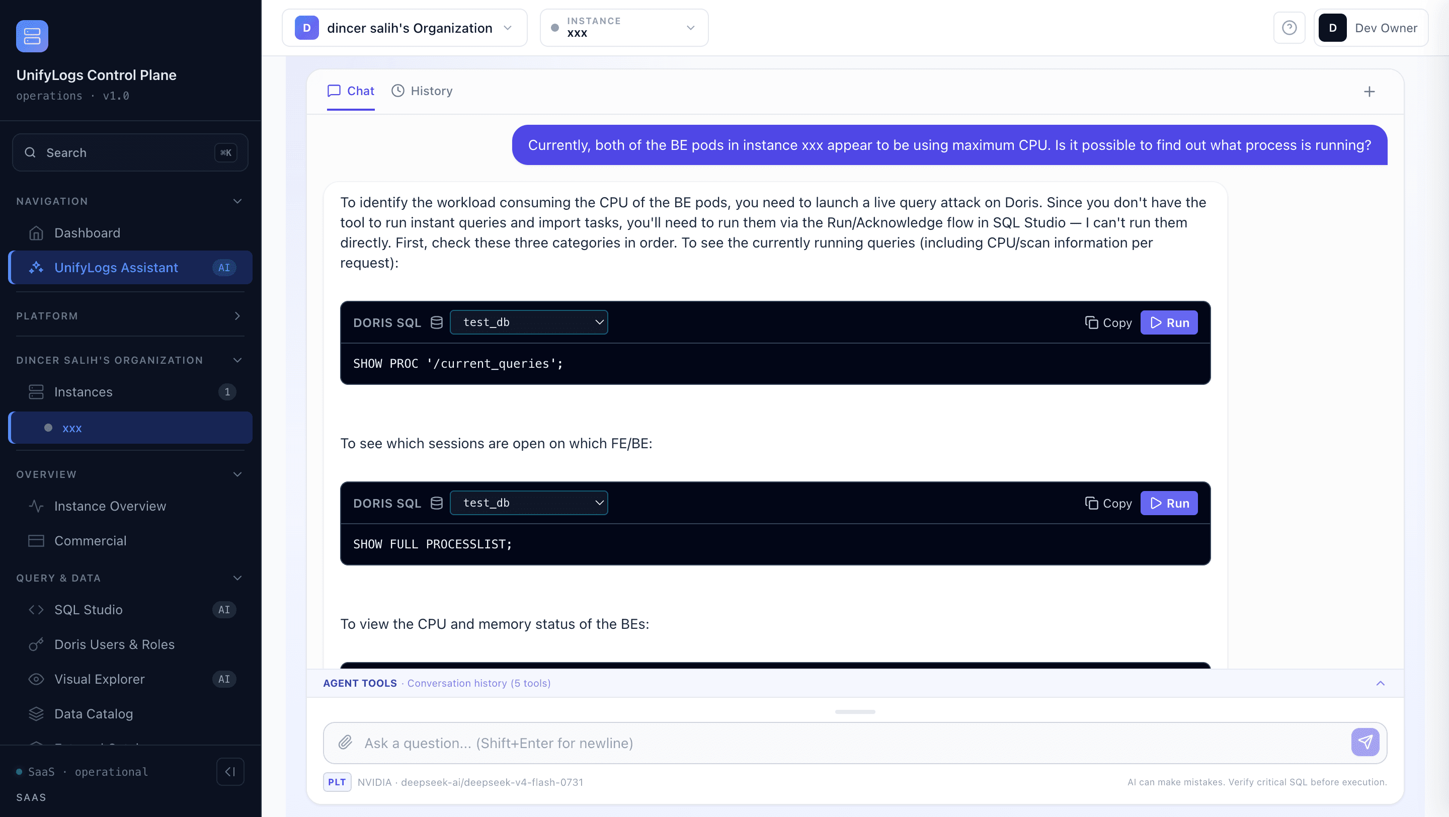 UnifyLogs Assistant goal selection, database context and read-first operating screen